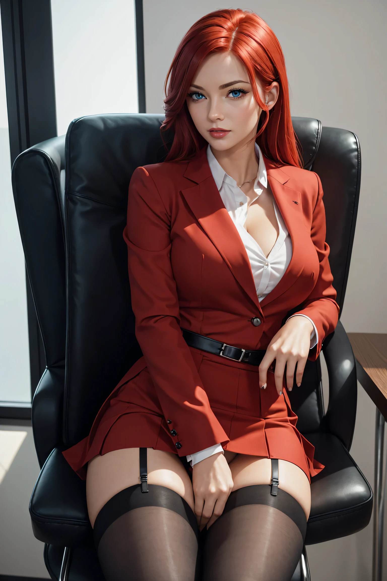 sexy female boss in the office, sitting in a chair at the table. she is wearing a strict red business suit and skirt. Stockings are visible in the cut of the skirt. .... She looks tenderly. She has blue eyes and red hair