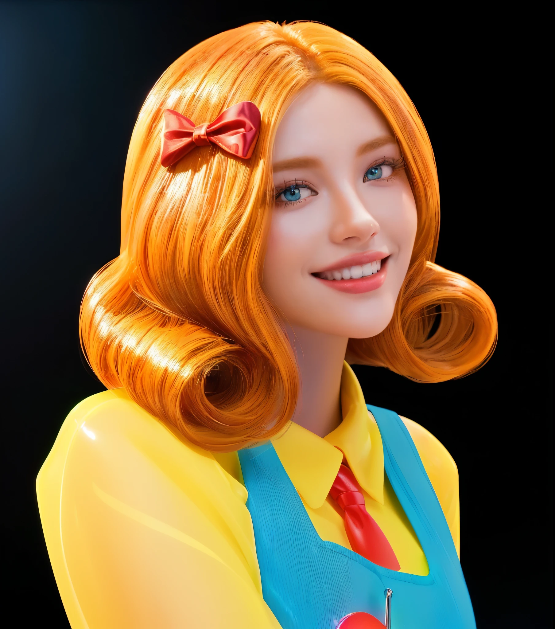 A cartoon girl with a huge smile and red hair is peeking out from a baby bag. laying on a blue background blanket., glossy texture, smooth 3d model, multiple light sources, rim light, sharp post effects render, (glossy plastic texture with multiple big light probe refractions), perfect cgi, smooth silhouette, high intensity refraction, (super glossy material), most beautiful vfx, blue background, plastic refractions, realistic, 4k, high resolution, rim light, photo shoot, commercial photo, profile shot, 4k, rim light, high resolution, 4k, glossy texture, smooth 3d model, multiple light sources, rim light, sharp post effects render, (glossy metallic texture with multiple big light probe refractions), perfect cgi, cgi art created only with gradients, smooth silhouette, high intensity refraction, (super glossy chrome material), most beautiful vfx, blue background, chrome metal refractions, multiple light sources, rim light, sharp post effects render, perfect cgi, digital art, detailed digital art, reflective, best quality, 4k, masterpiece:1.2, ultra-detailed, realistic, vivid colors, dark and moody lighting, The image of the highest quality, ensuring every detail showcased perfectly. It in 4k resolution, allowing viewers to immerse themselves in the richness of the colors and intricate details. The realistic rendering. under the spotlight, reflecting, high-resolution image, realistic rendering, dark background, and rim light photorealistic