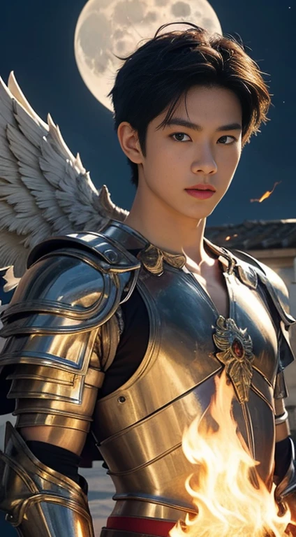 A asian boy like Mighty Archangel Michael,19 years old, handsome, Full Body Shoot, Short Quiff hairstyle, (eyes contact), look at camera, detailed facial parts, Manly, with a muscular constitution :: high detail, is in battle armor, flaming blue sword of golden pearls, a flaming sacred aura radiating from his body, without wings, moon background, surreal, fantasy, magical, intricate details, (dynamic upper body posture: 1.1), depth of field. Best quality, masterpiece, ultra high resolution, (anime realism, photorealistic: 1.4), perfect composition, centered, symmetry