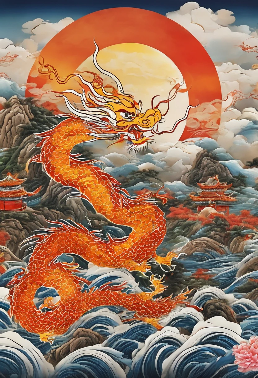 (masterpiece, best quality: 1.2)针织Mountain水画，river，Mountain，sun，Chinese dragon in the clouds