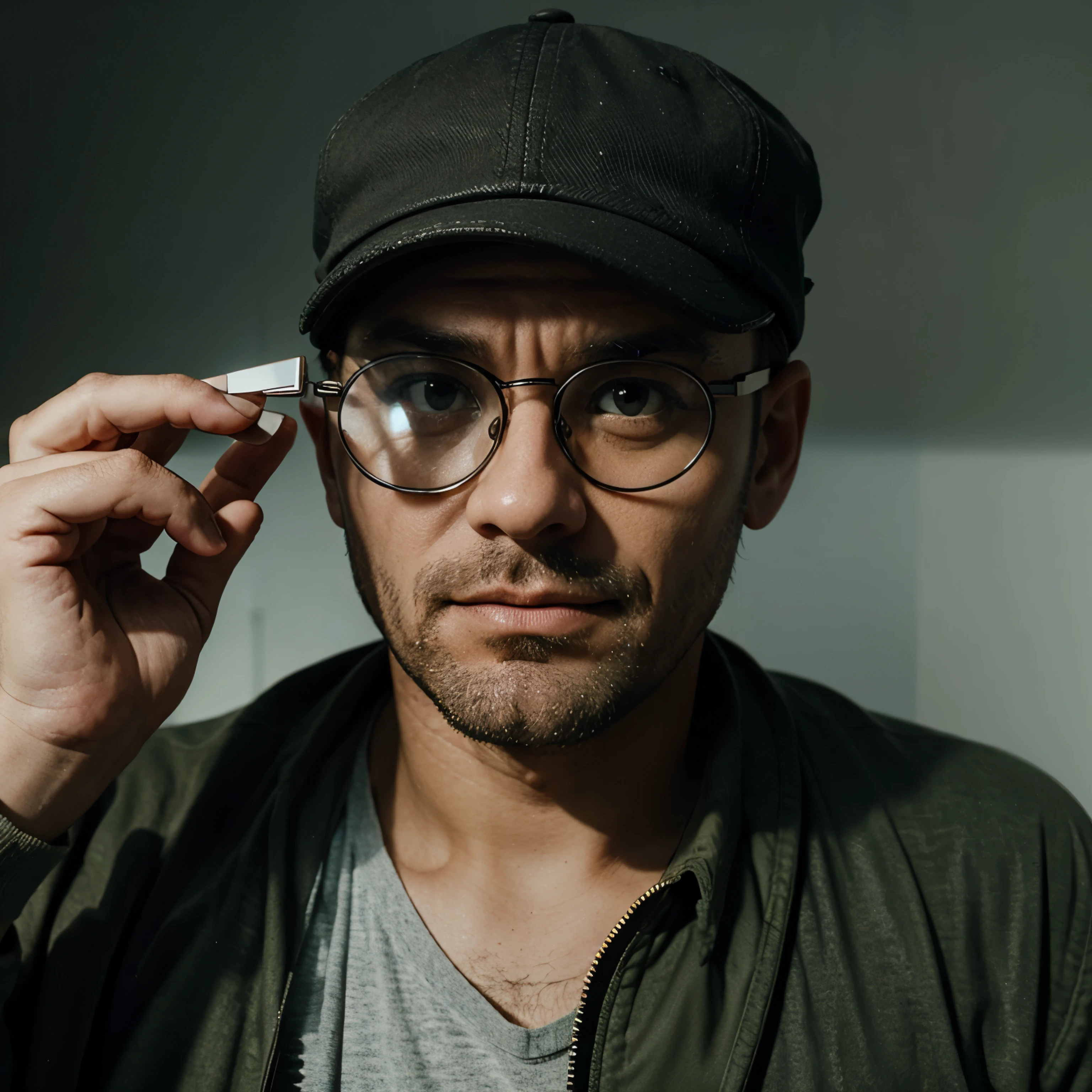 Thick glasses on the nose of a rather ugly guy with a cap and magnifying glasses, huge glasses, absolutely massive, bulletproof glass, glasses snake 1% Sehleistung