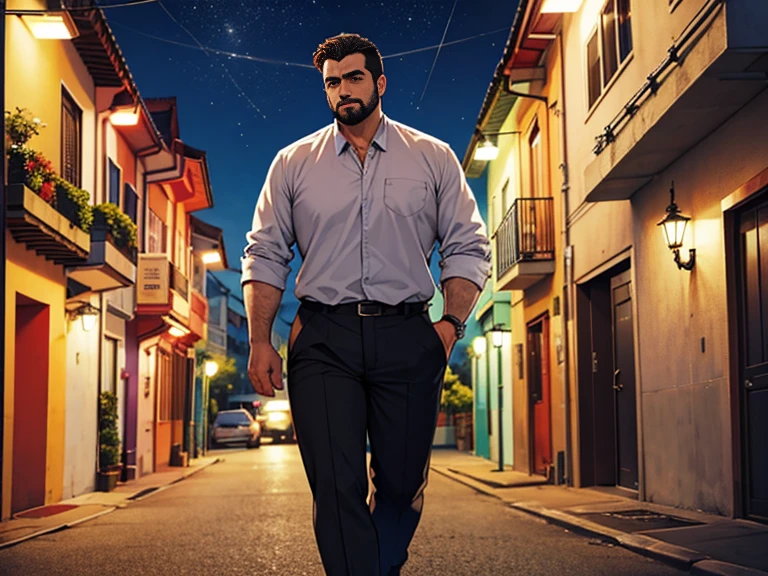 1 homem, Careca, obeso, homem de meia idade, camisa branca aberta mostrando a barriga e peitoral usando apenas sunga vermelha e meias, parado na rua, looking at the sky, noite, dim street lamp