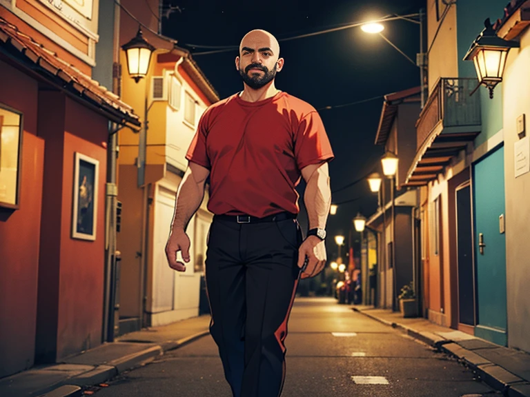 1 homem, Careca, obeso, homem de meia idade, camisa branca aberta mostrando a barriga e peitoral usando apenas sunga vermelha e meias, parado na rua, looking at the sky, noite, dim street lamp