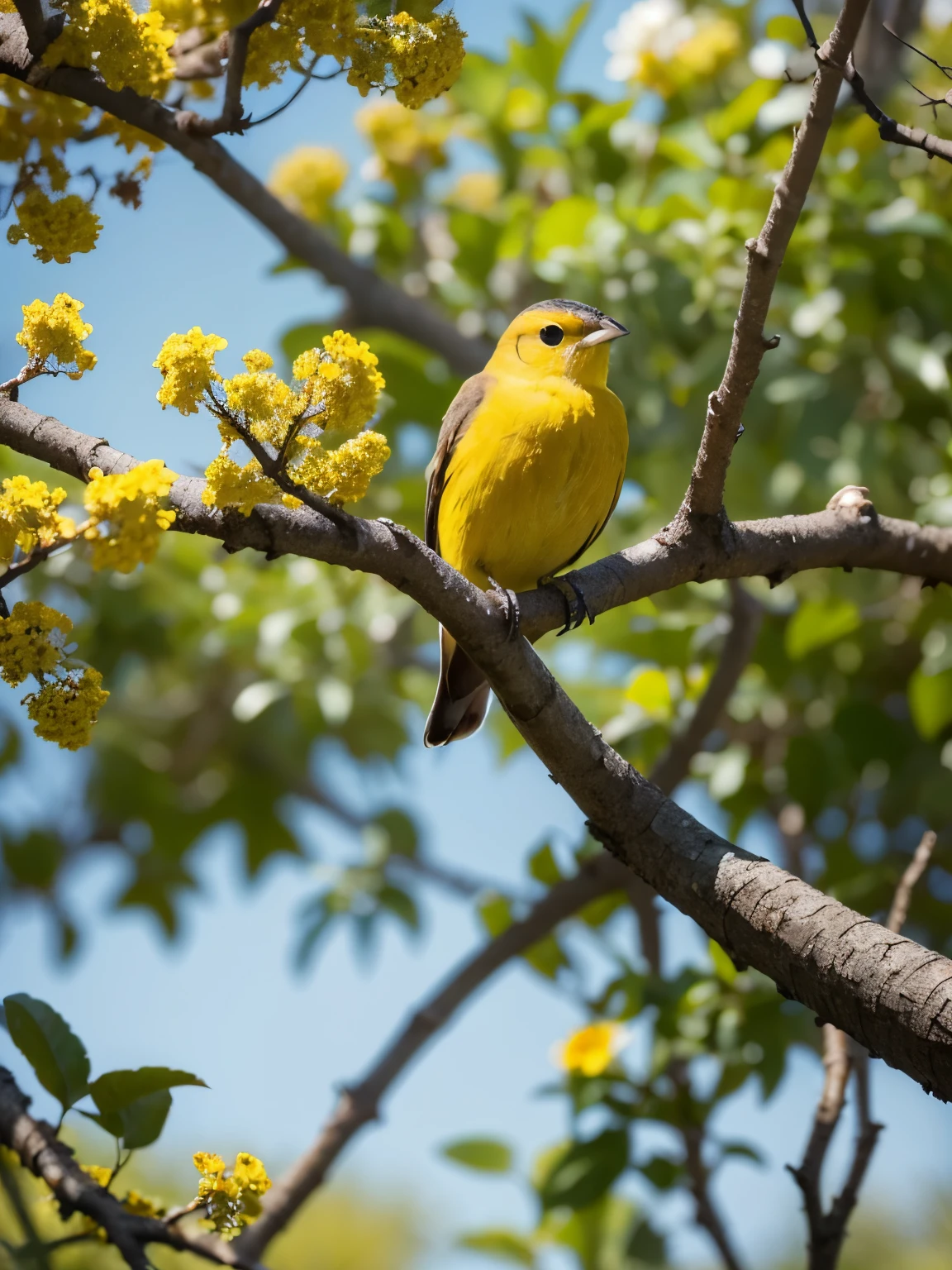 Uma coruja vermelha, perched on a tree branch with yellow flowers