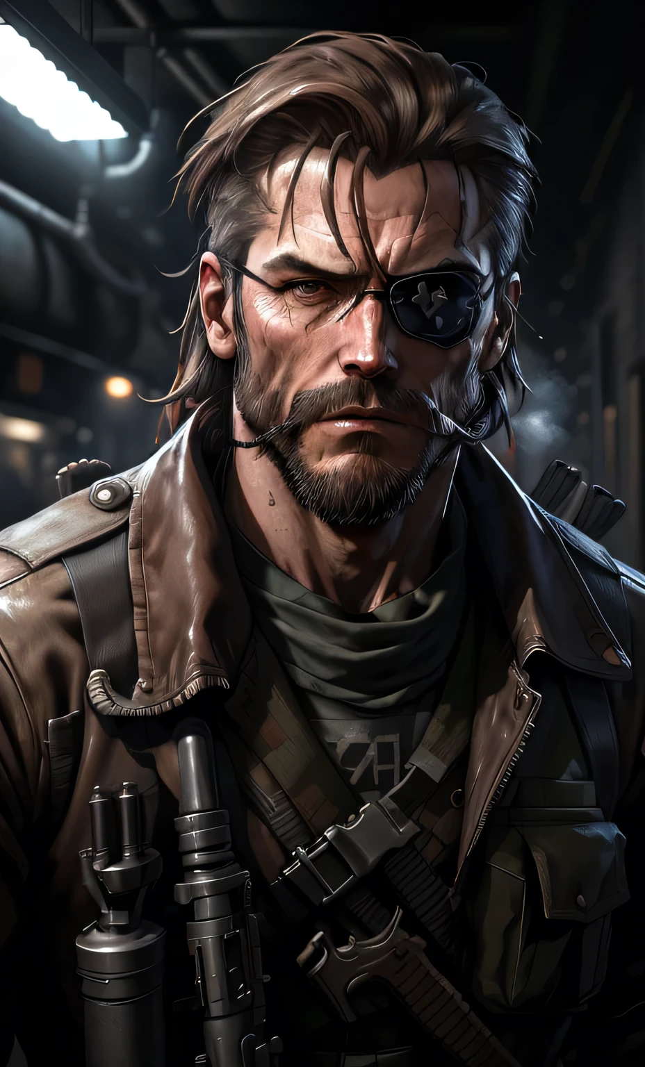 MetalGearSolid,Snake, put on an eyepatch, Brown-haired guerrilla in a sneaking suit, use a rifle, Smoke a cigarette,beard, perfect Sen background, realistic face, realistic hair,stylish, rutkowski, HDR, intricate details, very detailed, cinematic, upper body rim light, detail lighting,dangerous atmosphere, noir, night, Red light, dark street, rain, 4K