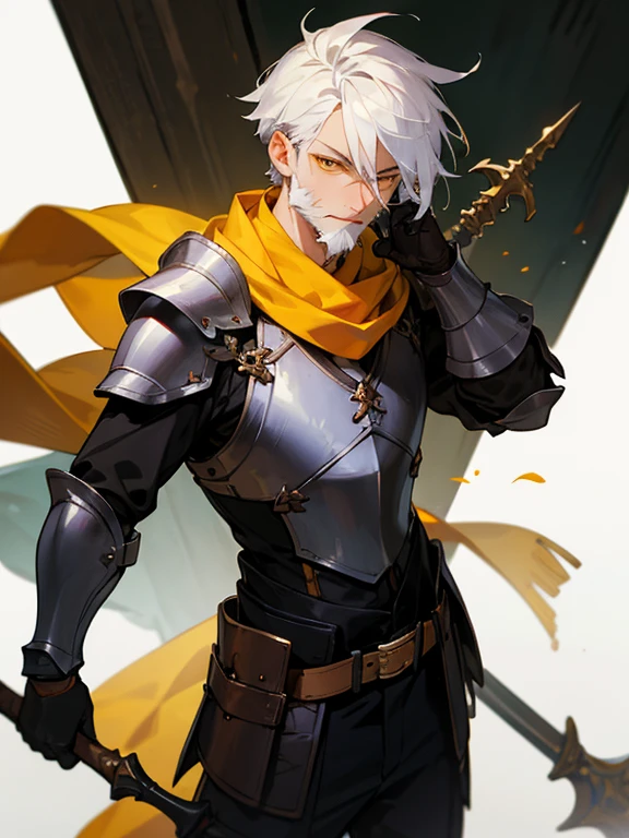 Masterpiece, best quality, expressive eyes, perfect face, 1boy, male focus, gloves, white hair, beard, yellow eyes, scarf, jacket, belt, armor, spear, holding_weapon,