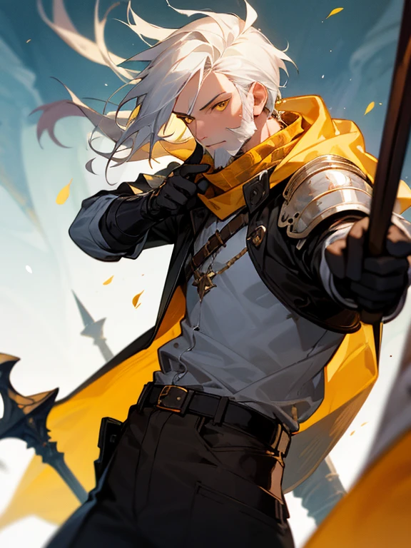 Masterpiece, best quality, expressive eyes, perfect face, 1boy, male focus, gloves, white hair, beard, yellow eyes, scarf, jacket, belt, armor, spear, holding_weapon,