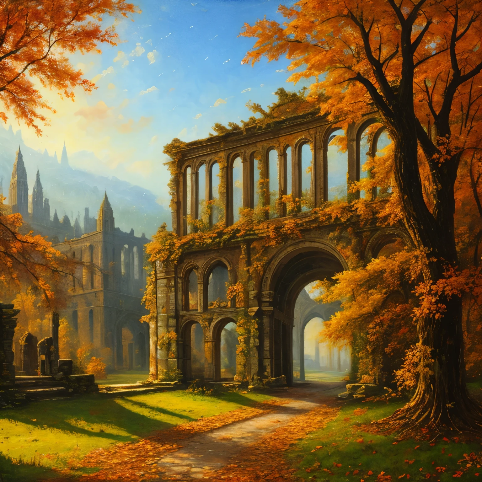 , late autumn ruins, high quality, highly detailed, illustration, impasto, canvas, oil painting, fantasy,