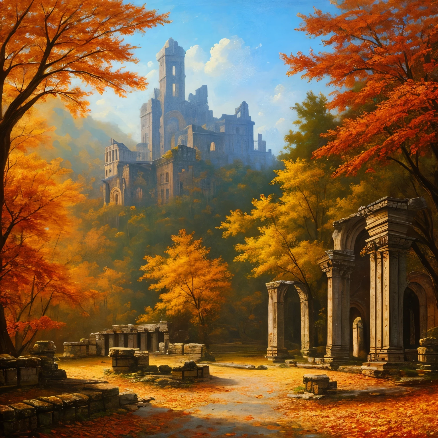 , late autumn ruins, high quality, highly detailed, illustration, impasto, canvas, oil painting, fantasy,