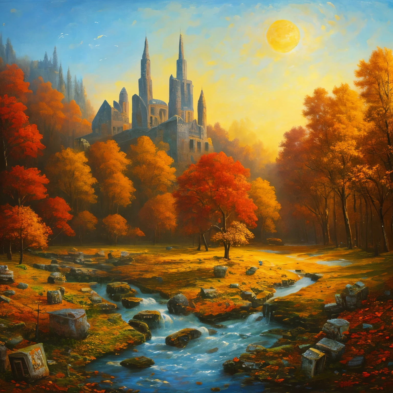 , late autumn ruins, high quality, highly detailed, illustration, impasto, canvas, oil painting, fantasy,