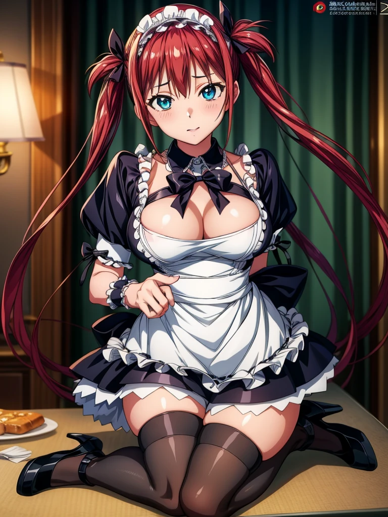 Tabletop, highest quality, Airlive 4,  Thighs Thighs Thighs, black Thighs Thighs Thighs, apron, zettai ryouiki, Maid, Maidの頭飾り, Cleavage, Wrist cuff,(Masturbation:1.8),One girl,Browsing Caution,(Spanning the viewer:1.4)