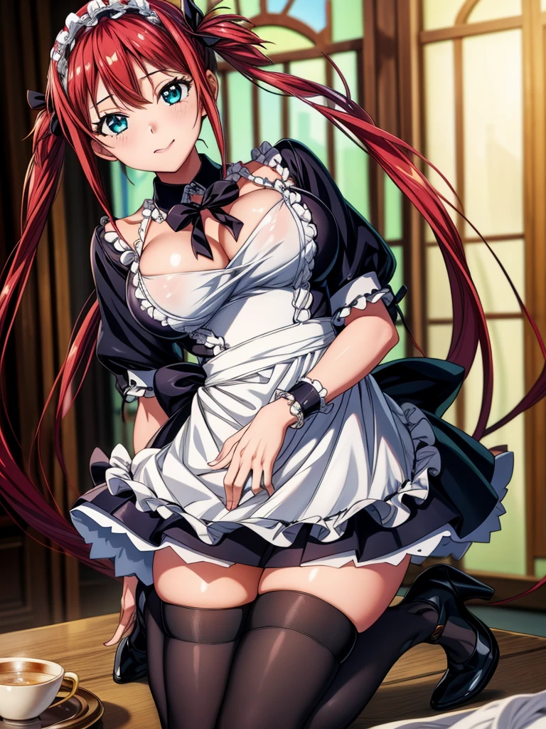 Tabletop, highest quality, Airlive 4,  Thighs Thighs Thighs, black Thighs Thighs Thighs, apron, zettai ryouiki, Maid, Maidの頭飾り, Cleavage, Wrist cuff,(Masturbation:1.8),One girl,Browsing Caution,(Spanning the viewer:1.4)