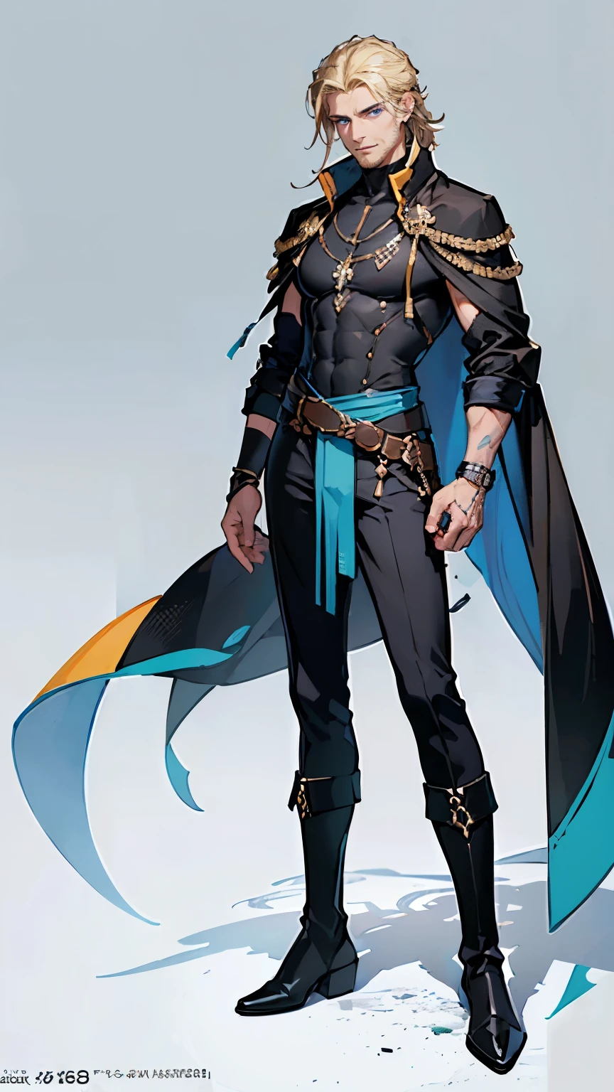 ((masterpiece,best quality,8k,highres)),((character concept art)), 1 male, middle-age adult male, British male, sorcerer, 185 cm height, permed mullet hairstyle (blonde hair colour), ultra finely detailed eyes (blue eyes colour), extraordinary handsome, charming, warm smile, short stubble beard, perfect body build ((muscular)), ((intricate detail)), super finely detailed hands, ultra finely detailed fingers(((ten fingers))), stylish sorcerer tops (black outfit colour)(stylish), black long pants, pouches on waist, tool belt, black boots, big red cloak, magical necklace, magical bracelet, (standing still), (full body showcase), (show full body), (no logos on background), (no logo), ((plain background)), ((plain background)), (((empty background)))