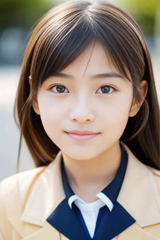 (Beautiful 14 year old Japan woman), Cute face, (Deeply chiseled face:0.7), (freckles:0.6), Soft Light,Healthy white skin, shy, (Serious face), (Sparkling eyes), thin, smile, uniform