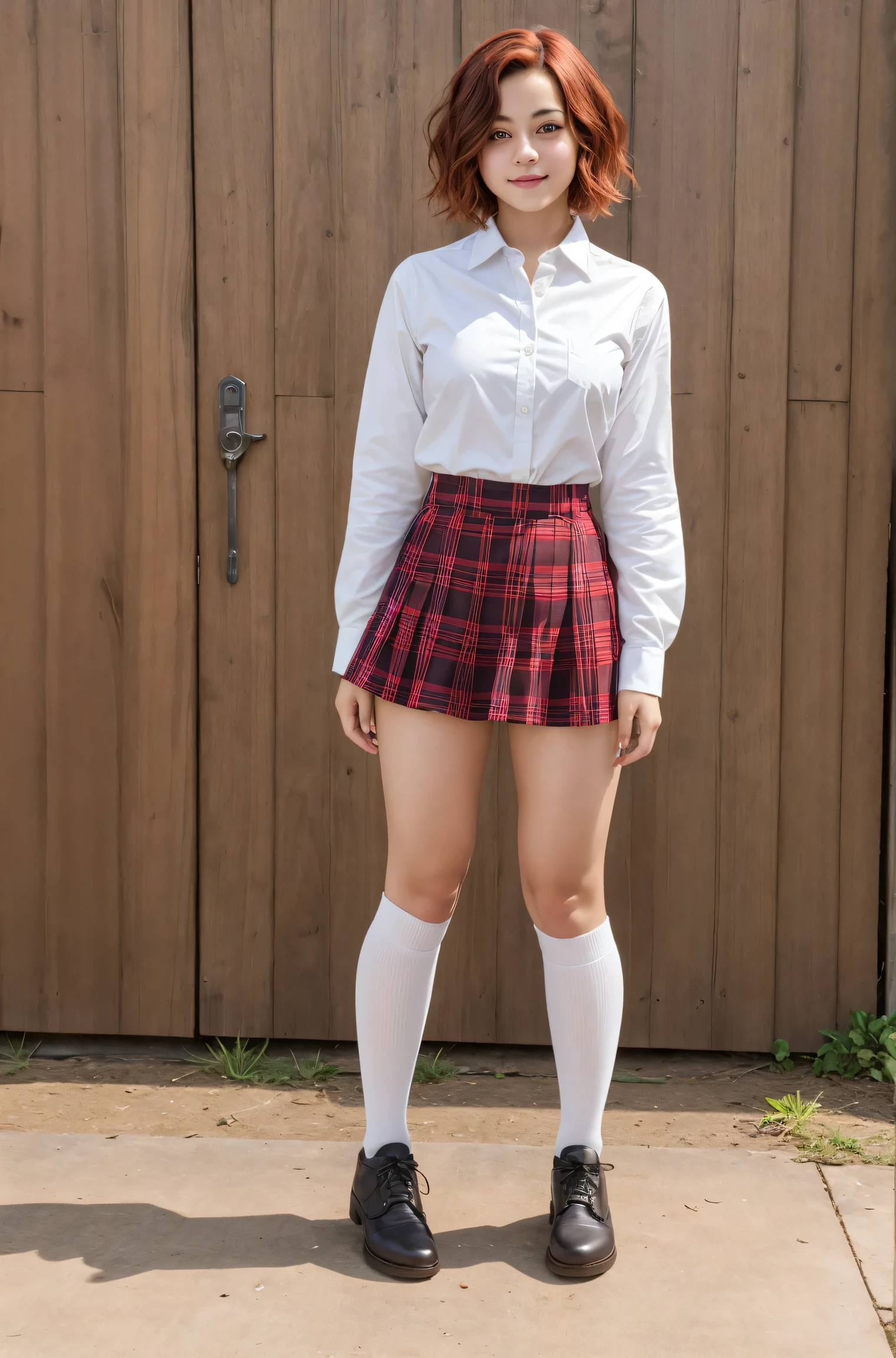 (masterpiece, best quality), 1girl, latinx skin tone, 18 y.o, short red hair, catholicschoolgirl, white button-down shirt, red  plaid skirt, knee socks (full body:1.3)