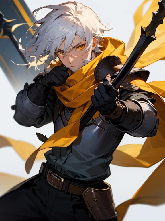 Masterpiece, best quality, expressive eyes, perfect face, 1boy, male focus, gloves, white hair, beard, yellow eyes, scarf, jacket, belt, armor, spear, holding_weapon,