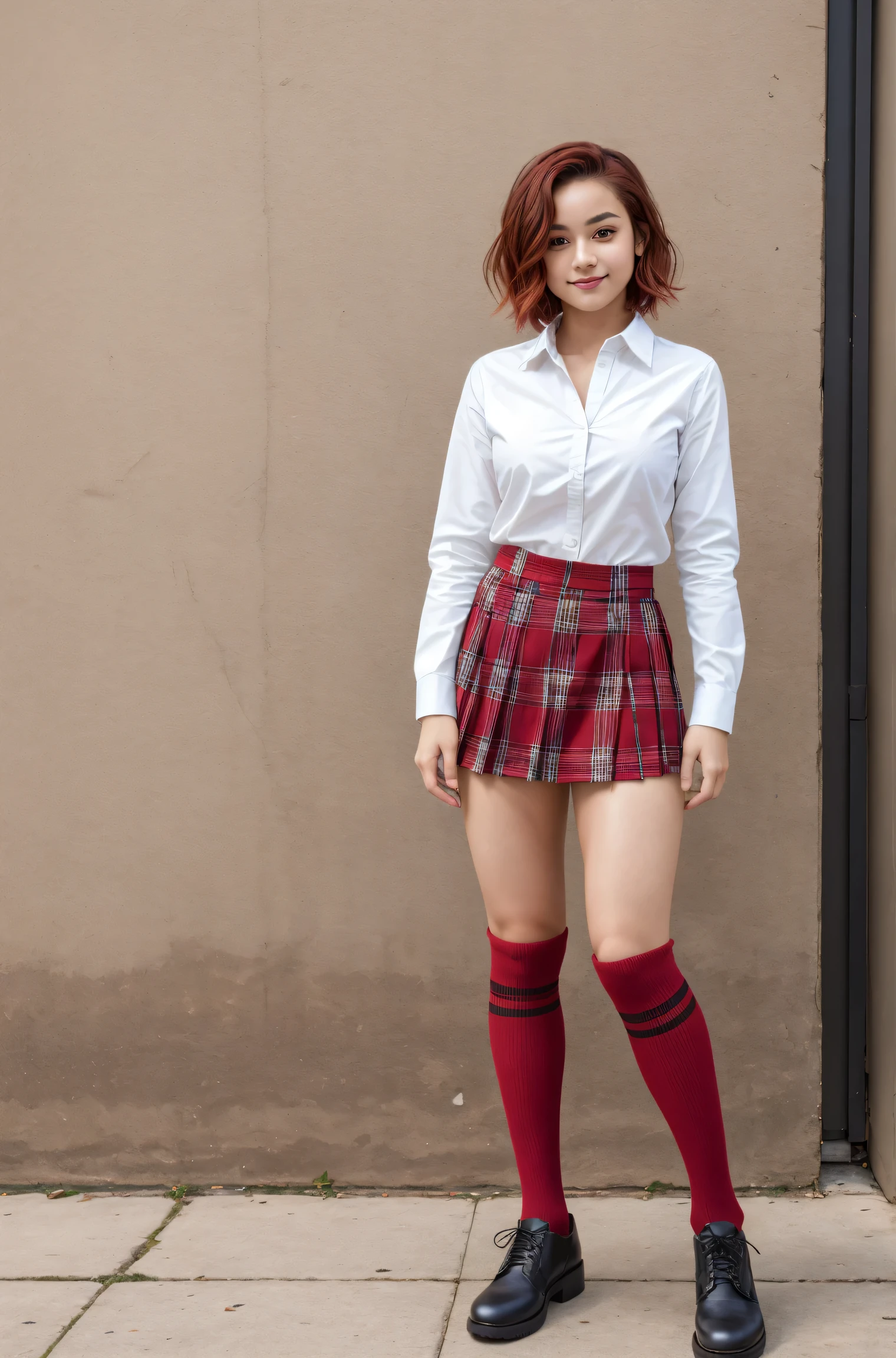 (masterpiece, best quality), 1girl, latinx skin tone, 18 y.o, short red hair, catholicschoolgirl, white button-down shirt, red  plaid skirt, knee socks (full body:1.3)