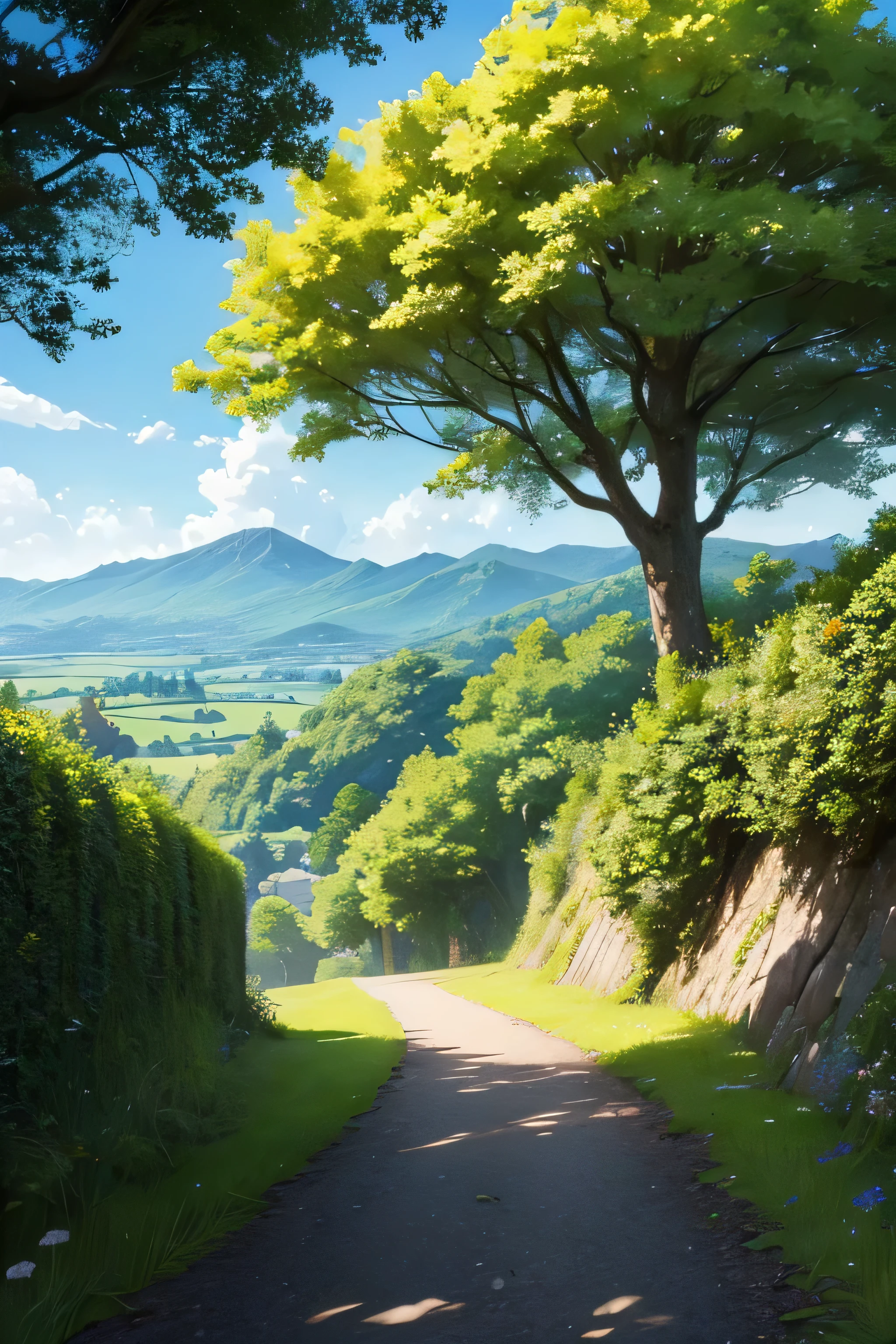 In the anime style, realistic, highly detailed, colourful image of a tree on top of a hill. There is a path towards the hill. There are flowers along the way