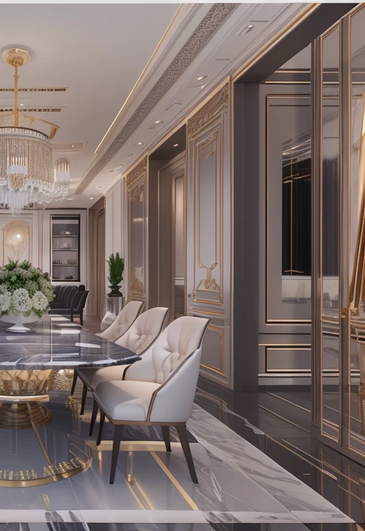 there is a dining room with a marble table and chairs, luxury condo interior, high quality rendering, precise architectural rendering, elegant and refined, high-quality render, insanely detailed rendering, award-winning render, high quality 3 d render, high quality 3d render, realistic physical rendering, luxury hd render, neo - classical, neo-classical, professional 3d render
