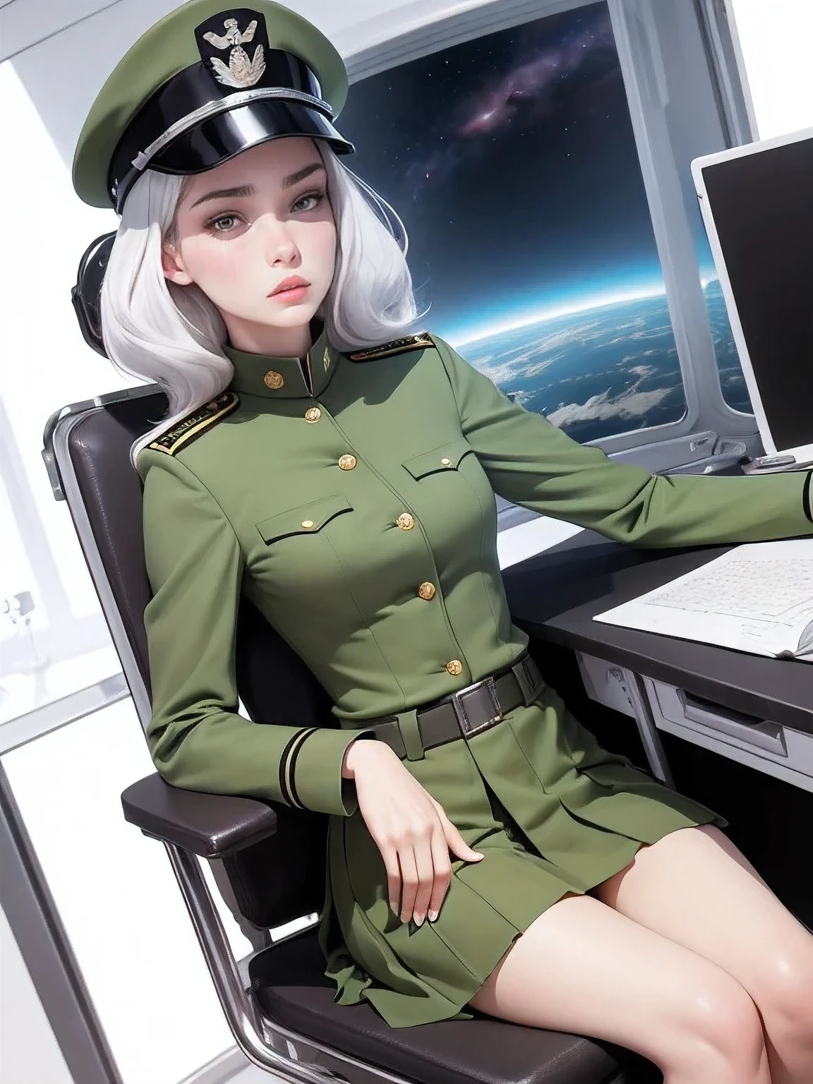 superflat, flat shading, flat colors, (masterpiece:1.2, best quality), (closeup), 2women, teen, slim, (white military outfit), pleated skirt, military hat, space cadet, sitting by desk, in classroom, put head on hand, bored,  classmates in background, (spaceship interiors), futuristic, cosmos, watercolor