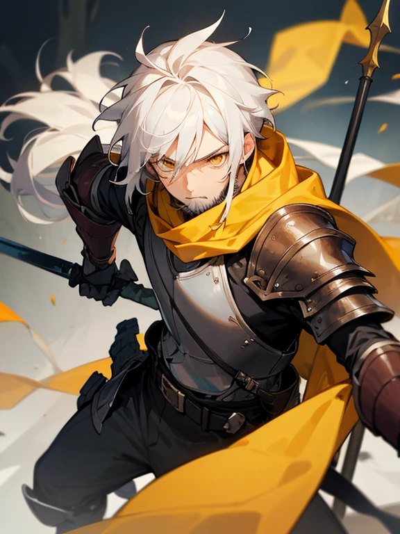 Masterpiece, best quality, expressive eyes, perfect face, 1boy, male focus, gloves, white hair, beard, yellow eyes, scarf, jacket, belt, armor, spear, holding_weapon, 