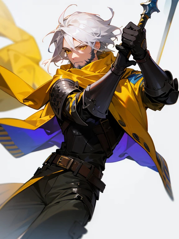 Masterpiece, best quality, expressive eyes, perfect face, 1boy, male focus, gloves, white hair, beard, yellow eyes, scarf, jacket, belt, armor, spear, holding_weapon, 