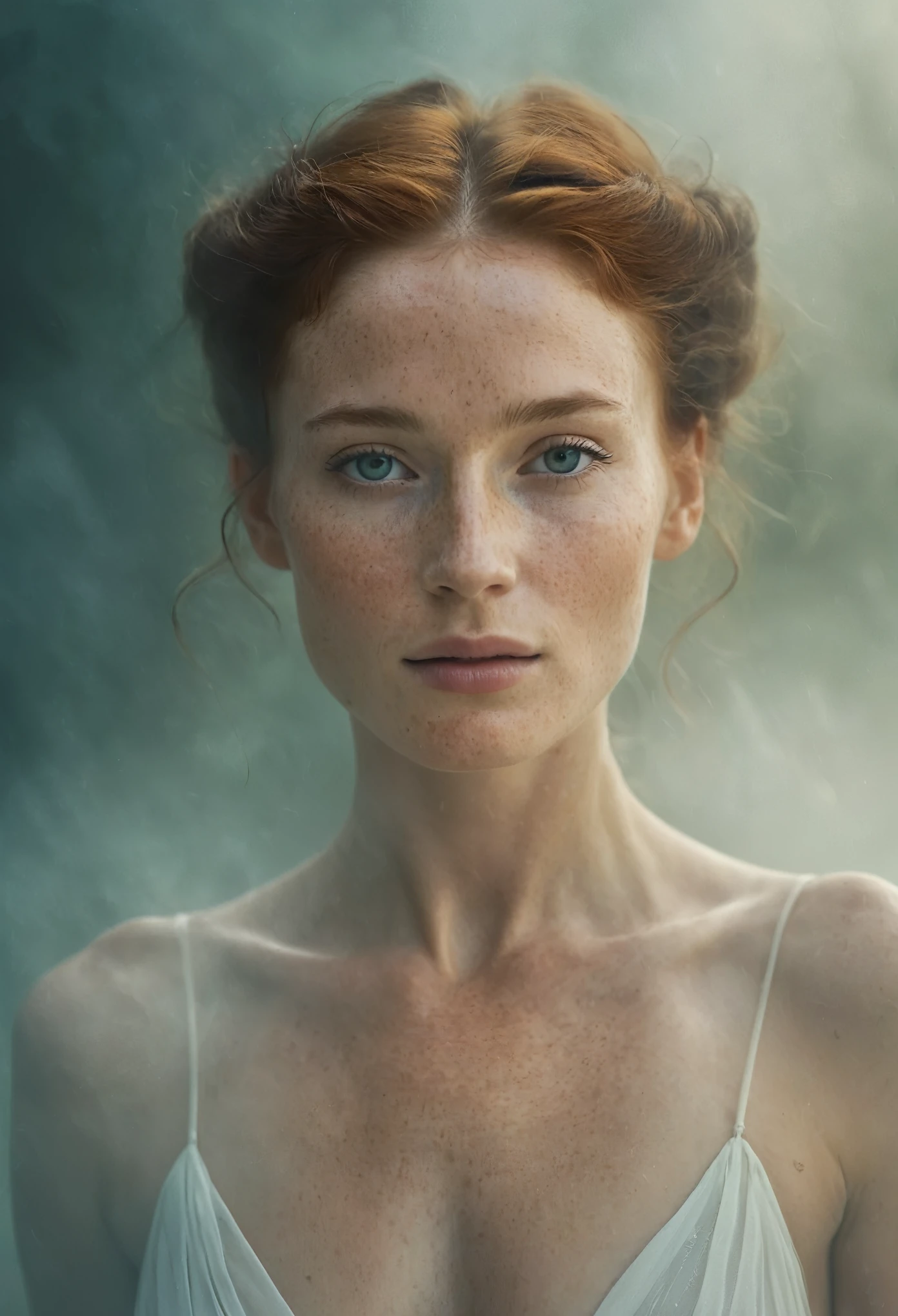 the photo of the most elegant woman in the world, surrounded by an aesthetically pleasing (hazy mystical aura:1.2). her skin is to be highly detailed showing her pores, freckles and wrinkles, and the background needs to be sharp and high resolution