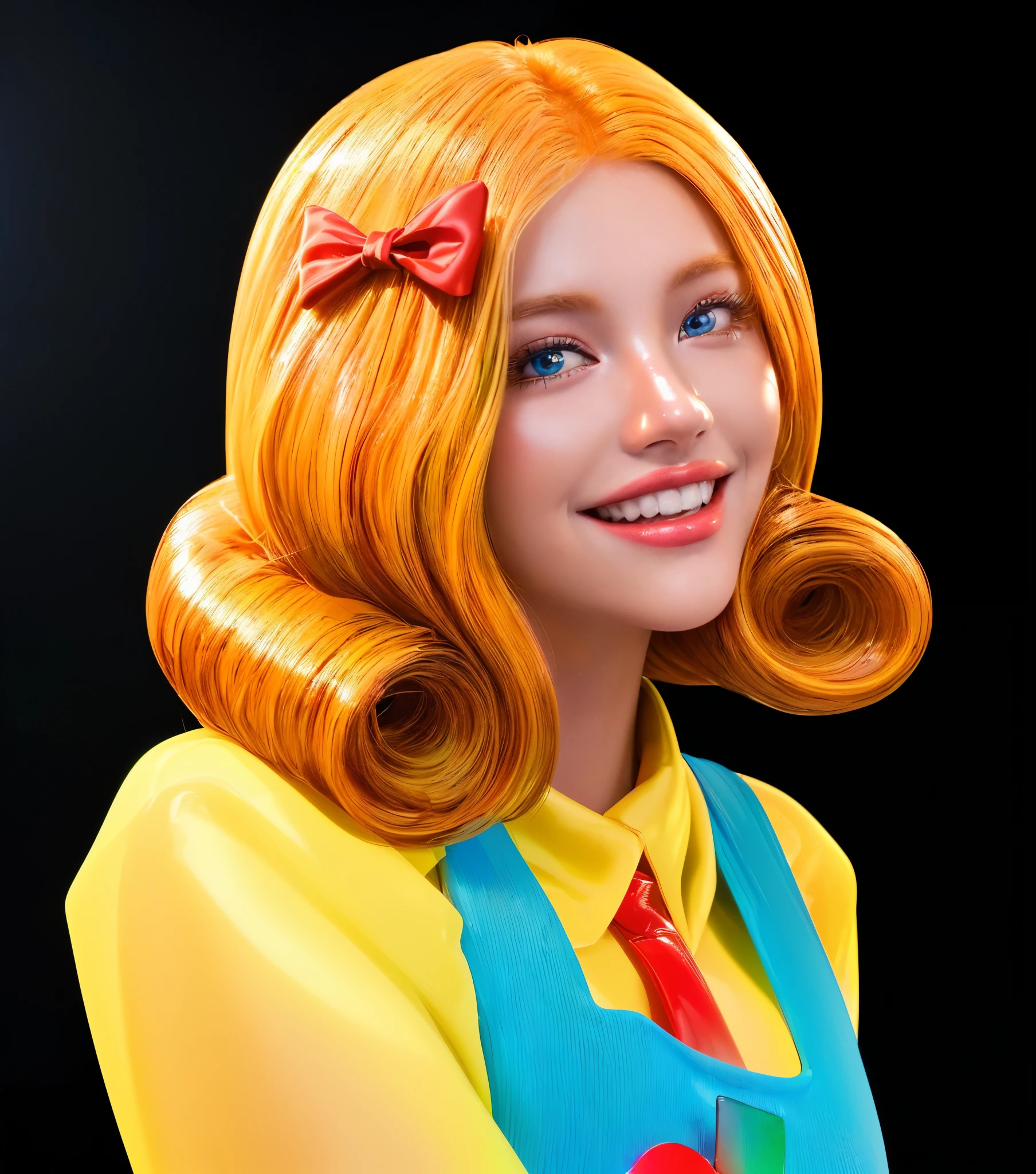 A cartoon girl with a huge smile and red hair is peeking out from a baby bag. laying on a blue background blanket., glossy texture, smooth 3d model, multiple light sources, rim light, sharp post effects render, (glossy plastic texture with multiple big light probe refractions), perfect cgi, smooth silhouette, high intensity refraction, (super glossy material), most beautiful vfx, blue background, plastic refractions, realistic, 4k, high resolution, rim light, photo shoot, commercial photo, profile shot, 4k, rim light, high resolution, 4k, glossy texture, smooth 3d model, multiple light sources, rim light, sharp post effects render, (glossy metallic texture with multiple big light probe refractions), perfect cgi, cgi art created only with gradients, smooth silhouette, high intensity refraction, (super glossy chrome material), most beautiful vfx, blue background, chrome metal refractions, multiple light sources, rim light, sharp post effects render, perfect cgi, digital art, detailed digital art, reflective, best quality, 4k, masterpiece:1.2, ultra-detailed, realistic, vivid colors, dark and moody lighting, The image of the highest quality, ensuring every detail showcased perfectly. It in 4k resolution, allowing viewers to immerse themselves in the richness of the colors and intricate details. The realistic rendering. under the spotlight, reflecting, high-resolution image, realistic rendering, dark background, and rim light photorealistic