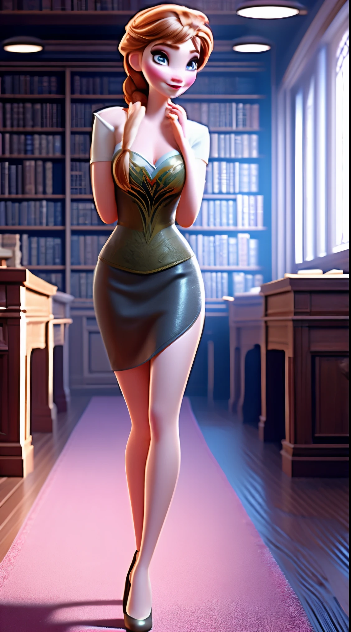 Photo of Anna of Arendelle as a teacher, teacher, teacher clothes, mini dress,  Anna from Disney Frozen movie, tall and sexy, superb face, perfect body, provocative, Nice, show breasts, huge breasts, tall, sexy legs, bursting huge breasts, wide hips, busty, sexy, enormous breasts, happy.