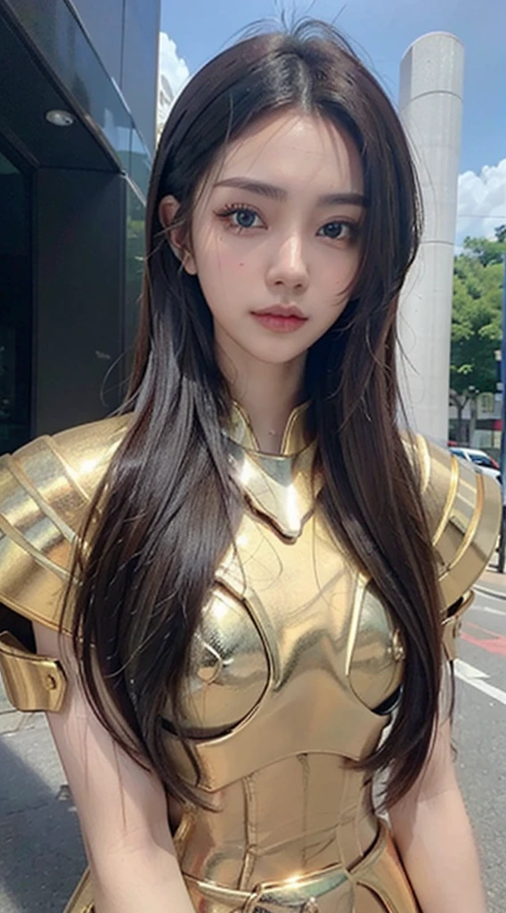 realisticlying, tmasterpiece, Best quality at best, A high resolution, 1girll, s the perfect face, looking at viewert, The skin is tight and transparent vinyl, Very long black hair, Green eyes, paleskin, Pisces, Gold armor with white parts, Armour, ((shelmet)), Line art, low tune, Sharp focus, octanerender,(frontage,face to the viewer:1.2)