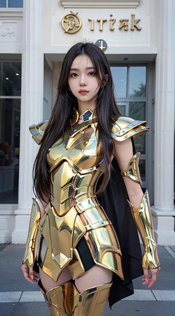 realisticlying, tmasterpiece, Best quality at best, A high resolution, 1girll, s the perfect face, looking at viewert, The skin is tight and transparent vinyl, Very long black hair, Green eyes, paleskin, Pisces, Gold armor with white parts, Armour, ((shelmet)), Line art, low tune, Sharp focus, octanerender,(frontage,face to the viewer:1.2)