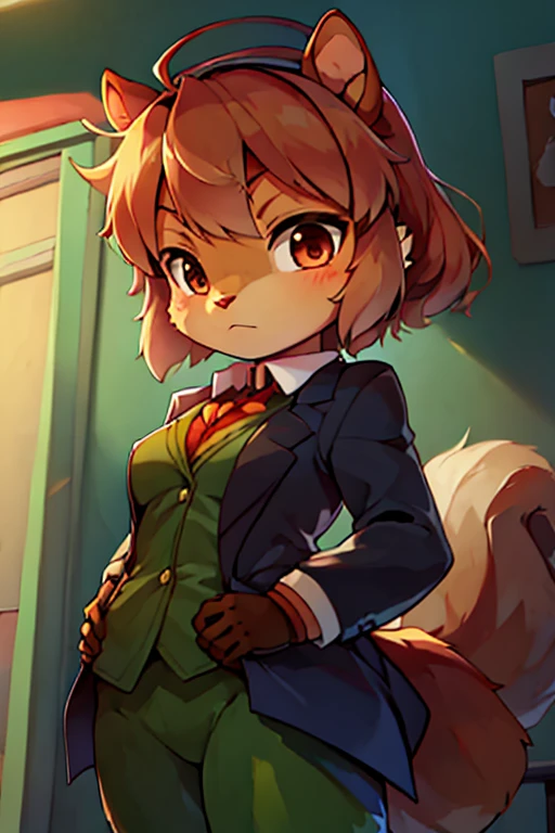 boy, squirrel, furry, bodyfur, blazer, bottomless, green tights, gloves, hero, kindergarten