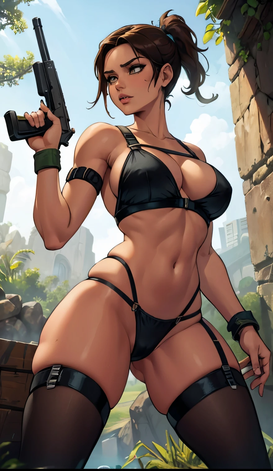 Lara croft, Very big tits, wearing Little thong, lingerie, straps in her legs , pony Tail hairstyle, holding a shotgun In her hands, she Is the jungle 