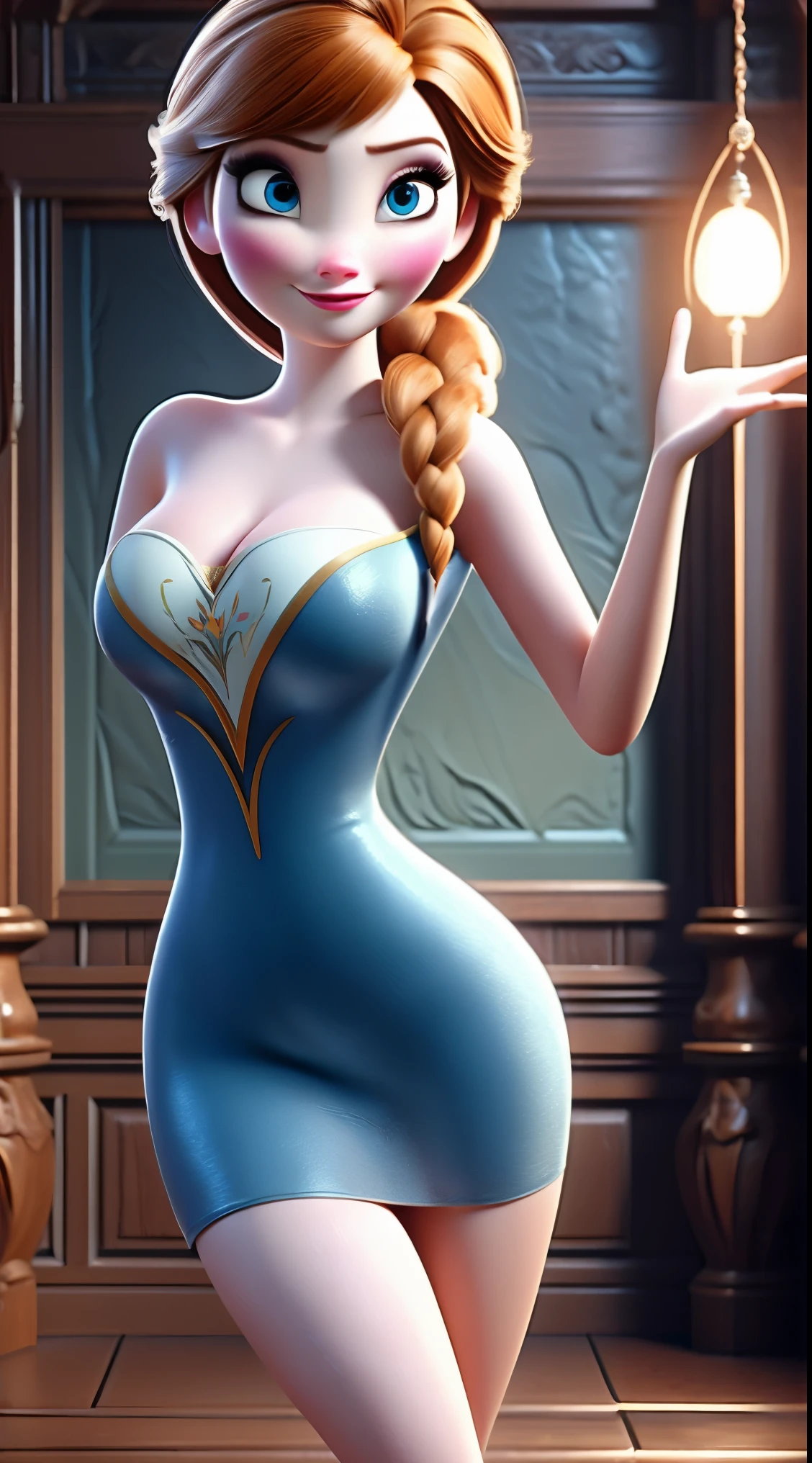 Photo of Anna of Arendelle as a teacher, teacher, teacher clothes, mini dress,  Anna from Disney Frozen movie, tall and sexy, superb face, perfect body, provocative, Nice, show breasts, huge breasts, tall, sexy legs, bursting huge breasts, wide hips, busty, sexy, enormous breasts, happy.