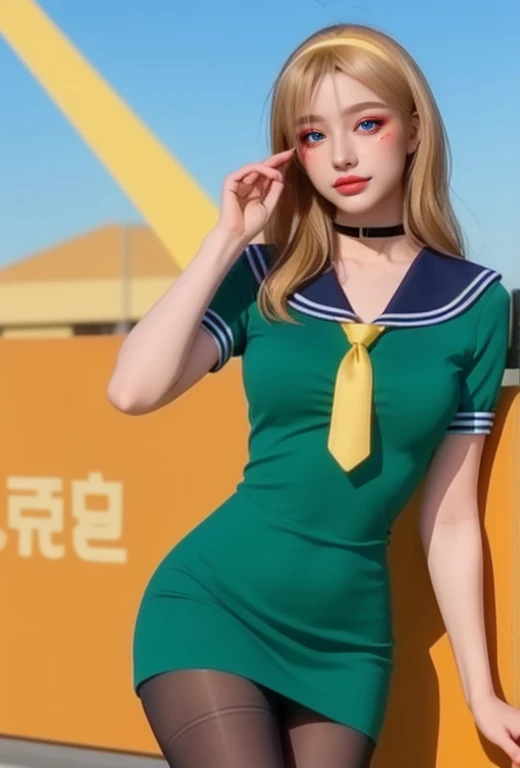 score_9, score_8_up, score_7_up, source_anime, 1girl, SatokoSchool, blonde hair, red eyes, hairband, sailor collar, yellow necktie, green dress, black pantyhose,