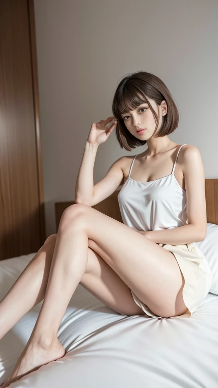 (Highest quality)、((masterpiece))、Woman sitting on bed with knees raised、とてもLong legs、(Light Brown hair、hair Behind ear)、doyago、very short hair,Long legs、Long arms、Bare legs、、(Sitting with your legs together)、Long legs and high knees、Raise the hand、Diagonal forward shot