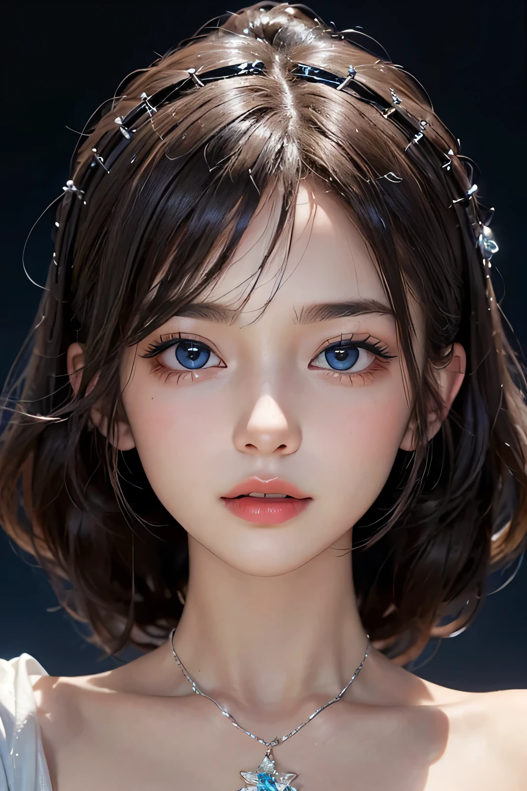 portlate、vintage dress、bright expression、poneyTail、Young shiny shiny white shiny skin、Best Looks、Natural platinum black hair with dazzling highlights、shiny light hair,、short silky straight hair、Beautiful bangs that shine、Double eyelids、eye liner、Glowing crystal clear attractive big blue eyes、Very beautiful nice cute 16 year old Nordic girl、Lush bust