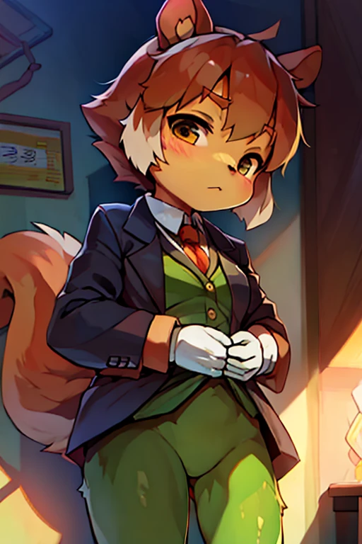 boy, squirrel, furry, bodyfur, blazer, bottomless, green tights, gloves, hero, kindergarten, sole