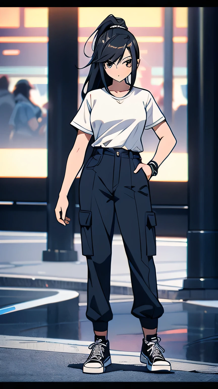 (best quality:1.5, highres, UHD, 4K, detailed lighting, ((ultra high quality)), ((ultra detail)), 1 girl solo, anime girl with ponytail, black hair, ((uniform white t-shirt)), (wearing long cargo pants), female anime character, anime character, in an anime style, ((full body)), converse, converse high, (medium breasts), highly detailed face, cool, tomboy.