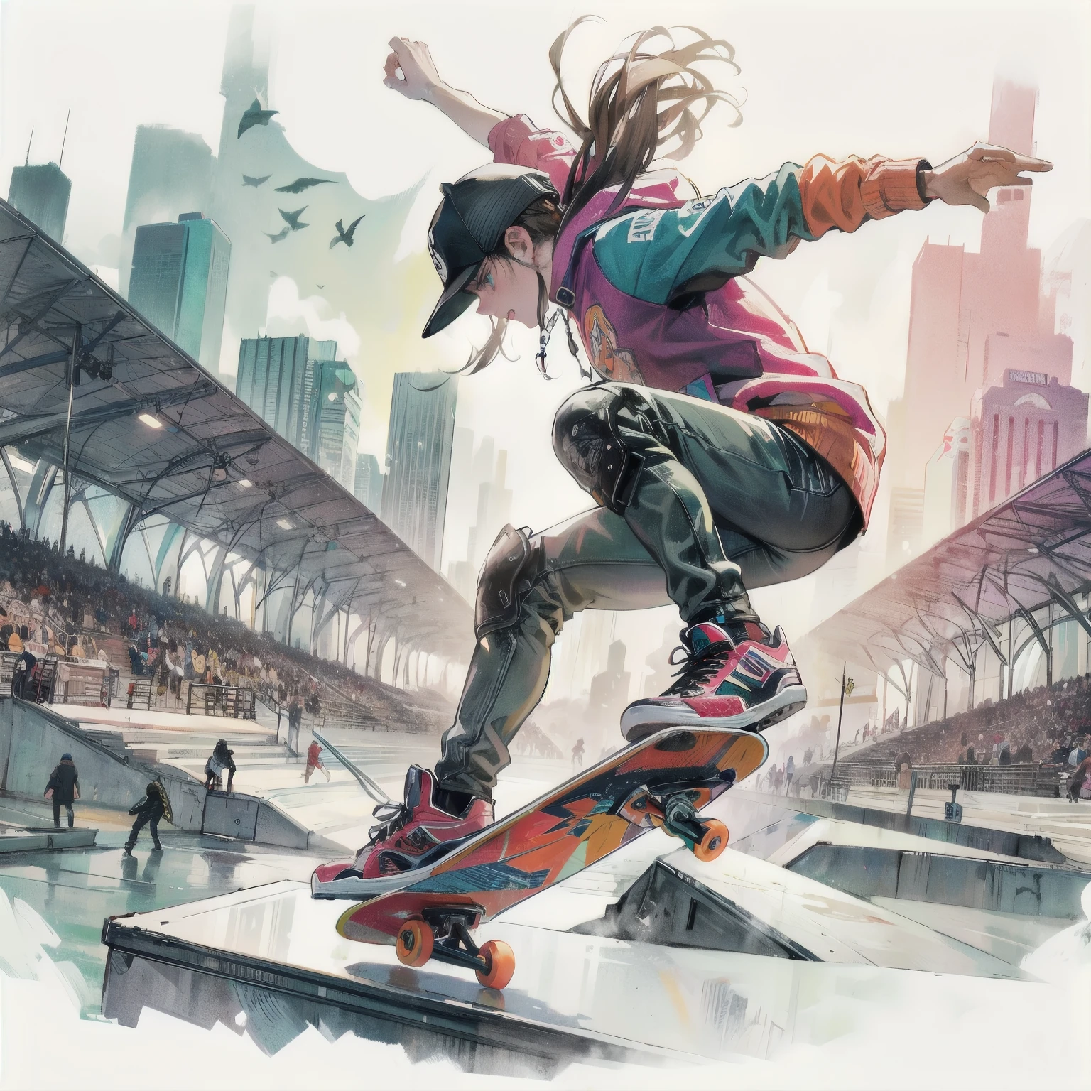alta qualidade,High definition,16K,sharp lines,atletas de skate masculino,No local do skate,Rosto detalhado,roupas detalhadas,legal,dynamic angle, muitos skatistas, banda de rock tocando ao fundo, a giant skull skull with wings in the center. Psychedelic