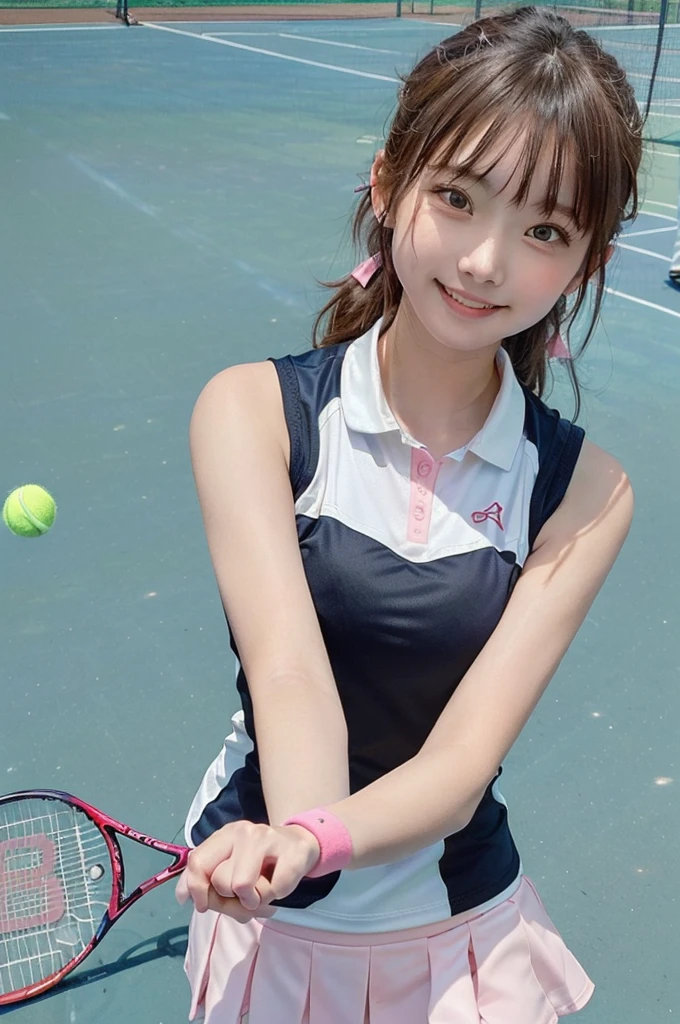 ((Best quality, 8k, Masterpiece :1.3)), pretty woman, 1girl,girl, 21 years old), Smiling face, Brown Hair,  Pink ribbon,Cute face, (((Outdoor, Tennis court))）, ((Sleeveless tennis uniform)))、Pose with a racket、