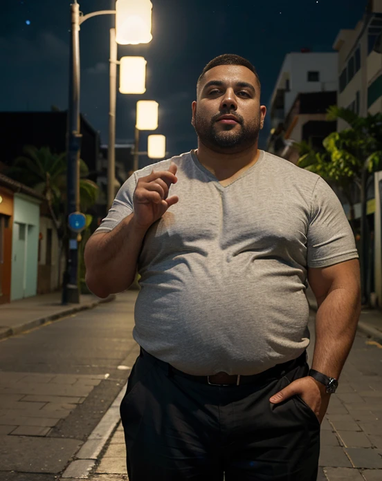 1 chubby man with extremely thick thighs , Careca, obeso, homem de meia idade, camisa branca aberta mostrando a barriga e peitoral usando apenas sunga vermelha e meias, parado na rua, looking at the sky, noite, dim street lamp, talking to the viewer gesturing with his hands, dialogando, discutindo.