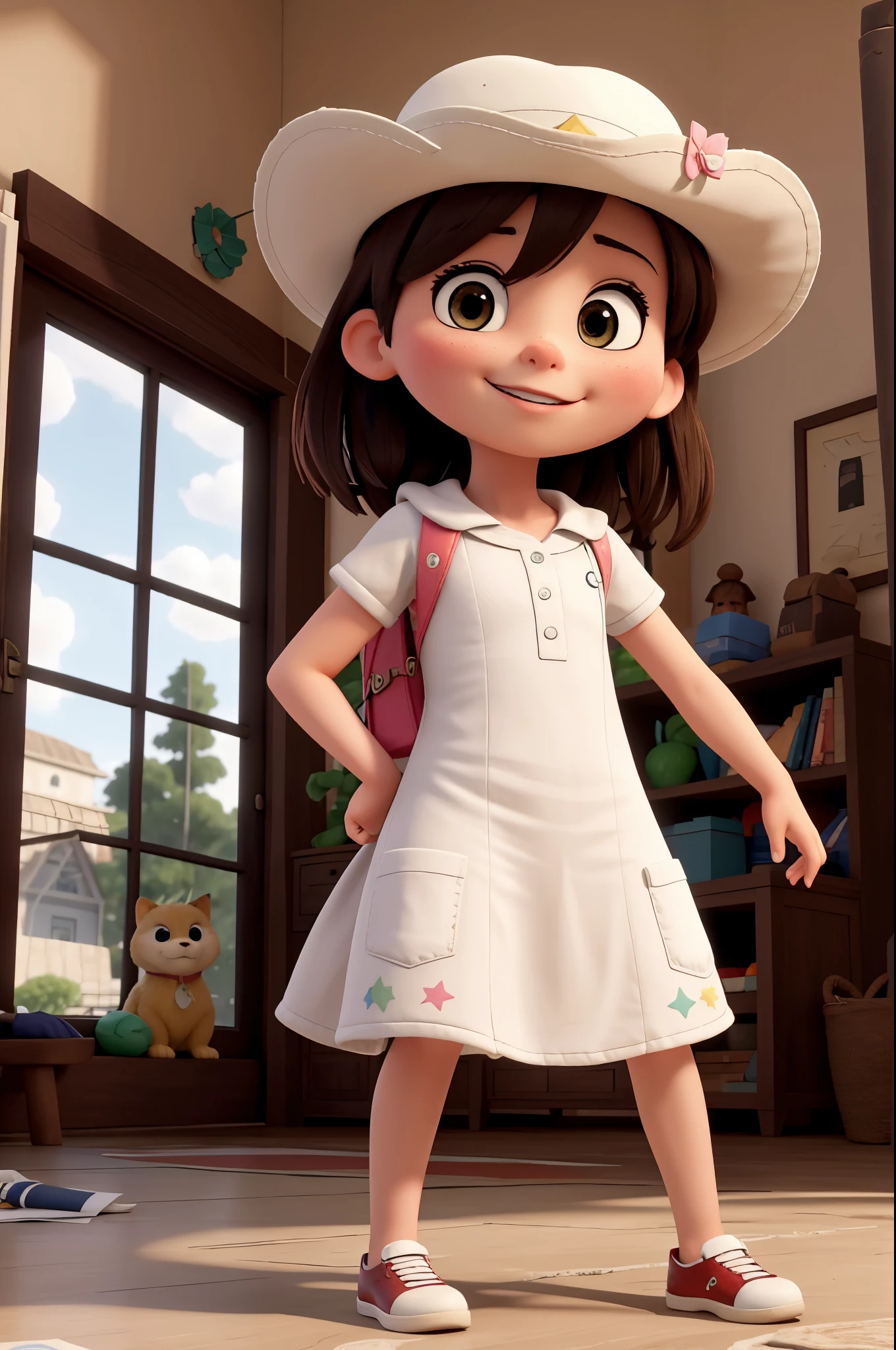 Obra maestra, mejor calidad, high resolution, extremadamente detallado, antecedentes detallados, cinematic lighting, 1 chica, mirando al espectador, parque, vestido blanco, sombrero para el sol, sonrisa, wearing  mochila randoseru, (mochila randoseru:1.0), de pie