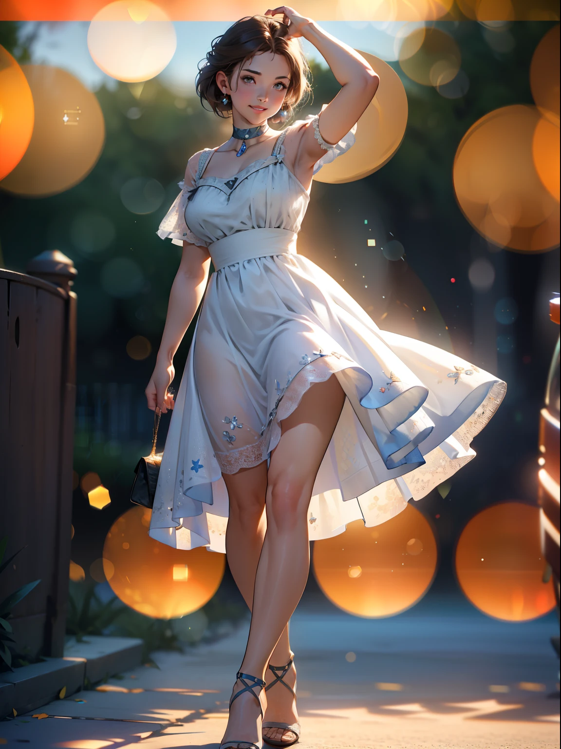 Masterpiece image of Dorothy from the wizard of Oz, all grown up, White woman, sexy woman with brunette hair, full body, divine proportion, an adult woman, in a bright blue short sundress, very vulgar, and seductive,  red high heels, gorgeous face,  dynamic lighting, empty white background, smiling, by Skyrn99, full body, (((rule of thirds))), high quality, high detail, high resolution , (bokeh: 2), backlighting, long exposure: 2, high quality, 8K Ultra HD, 3D effect, luminism, three-dimensional effect , luminism, 3D rendering, octane rendering, isometric, stunning full color, delicate