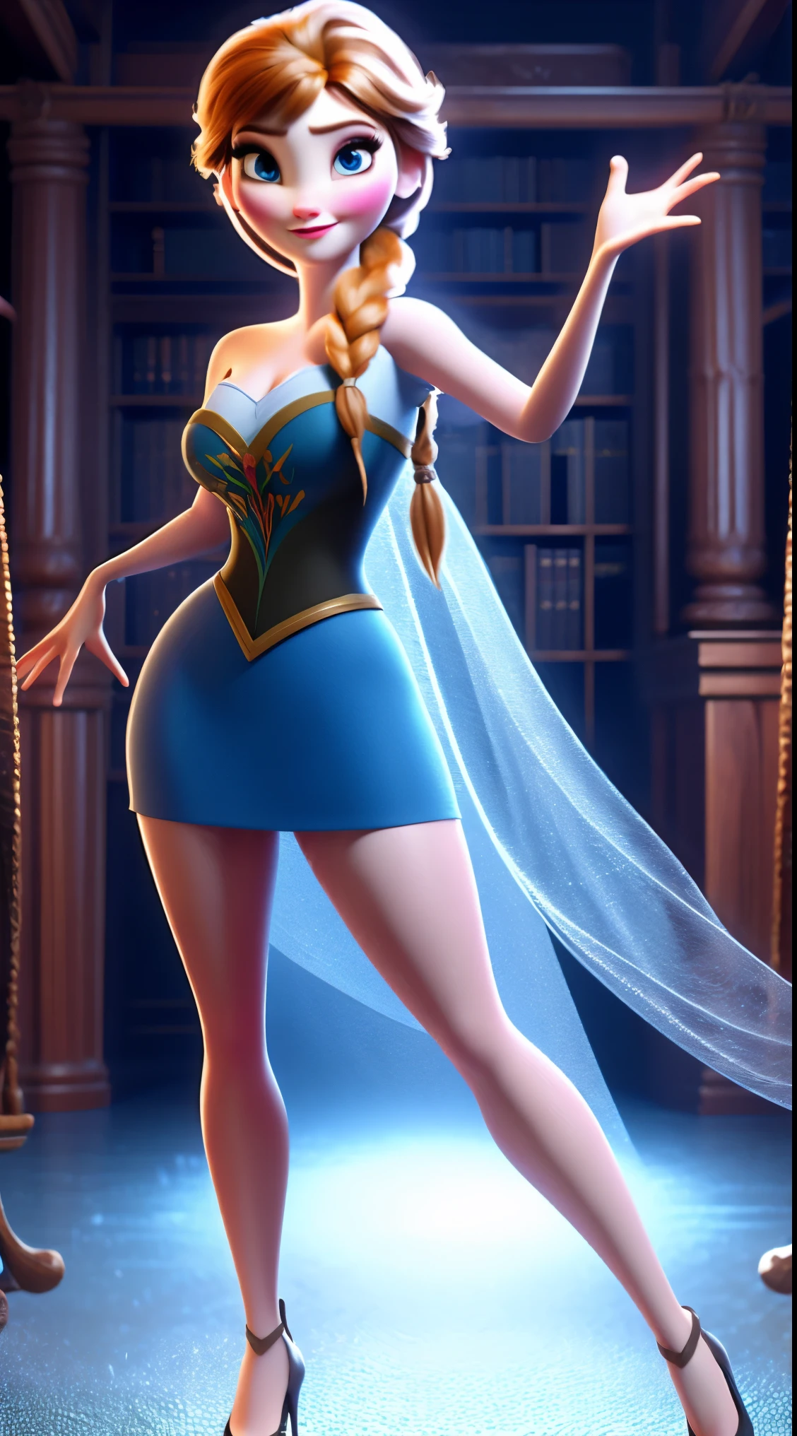 Photo of Anna of Arendelle as a teacher, teacher, teacher clothes, mini dress,  Anna from Disney Frozen movie, tall and sexy, superb face, perfect body, provocative, Nice, show breasts, huge breasts, tall, sexy legs, bursting huge breasts, wide hips, busty, sexy, enormous breasts, happy.