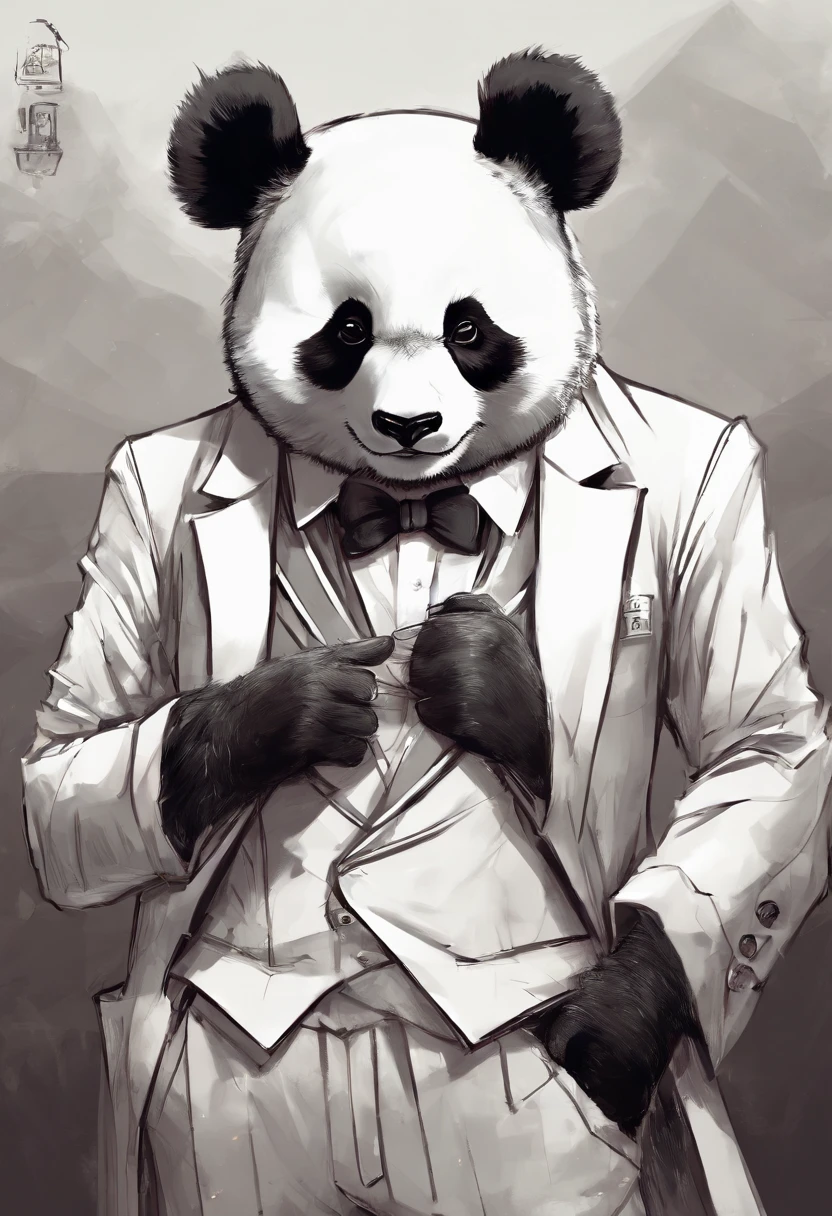 anthropomorphic panda, de cuerpo entero, vestido formalmente con un blazer, sostiene una bandeja, pegatina de panda, sticker de panda.