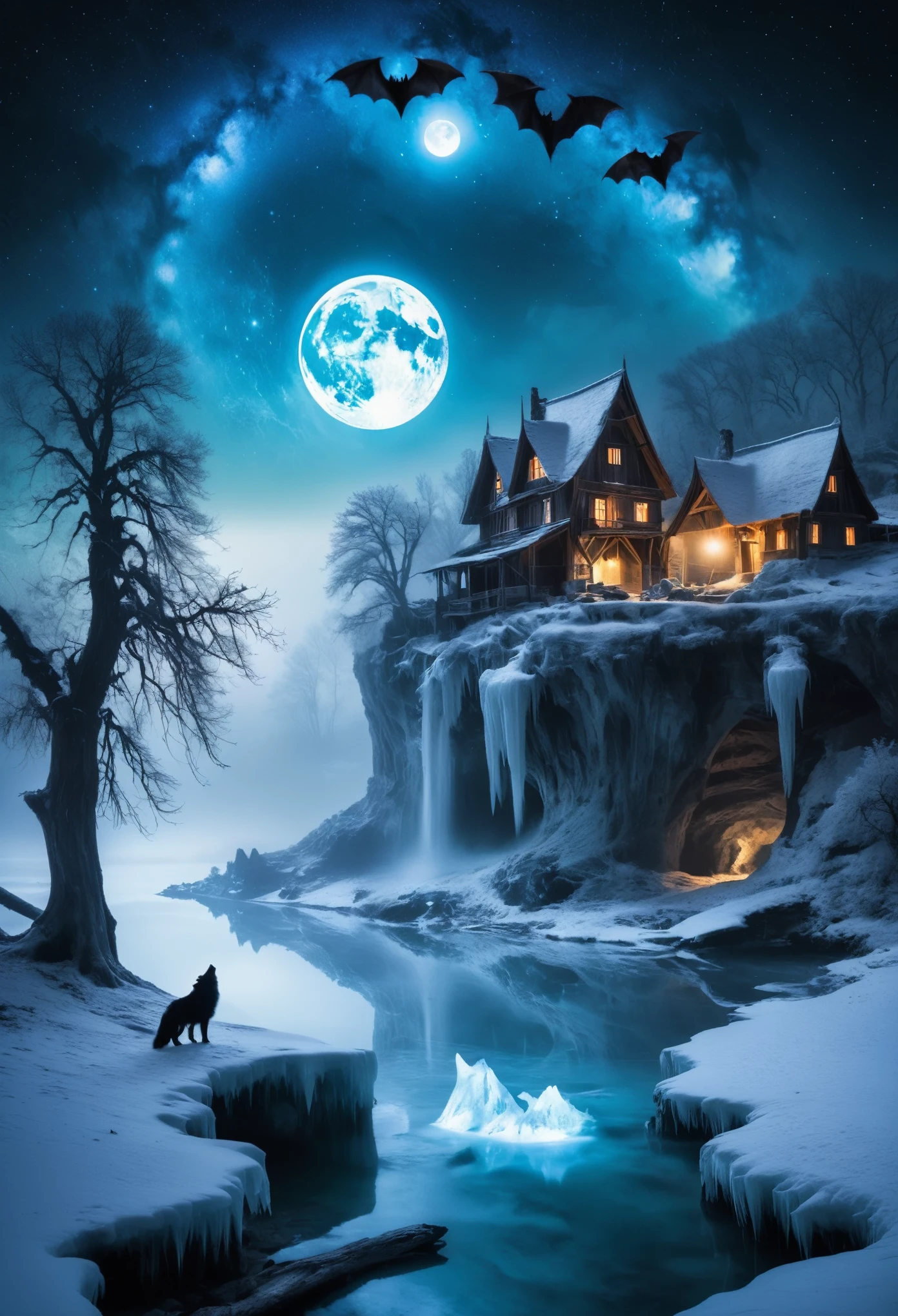a legendary Northern Village made completely of Ice,Houses,intricate details,brilliant milky way visible in sky,ancient trees,bats,fog,
masterpiece,best quality,waterfalls,Lake,Inside Caves,[wolf howling at the moon in the background],