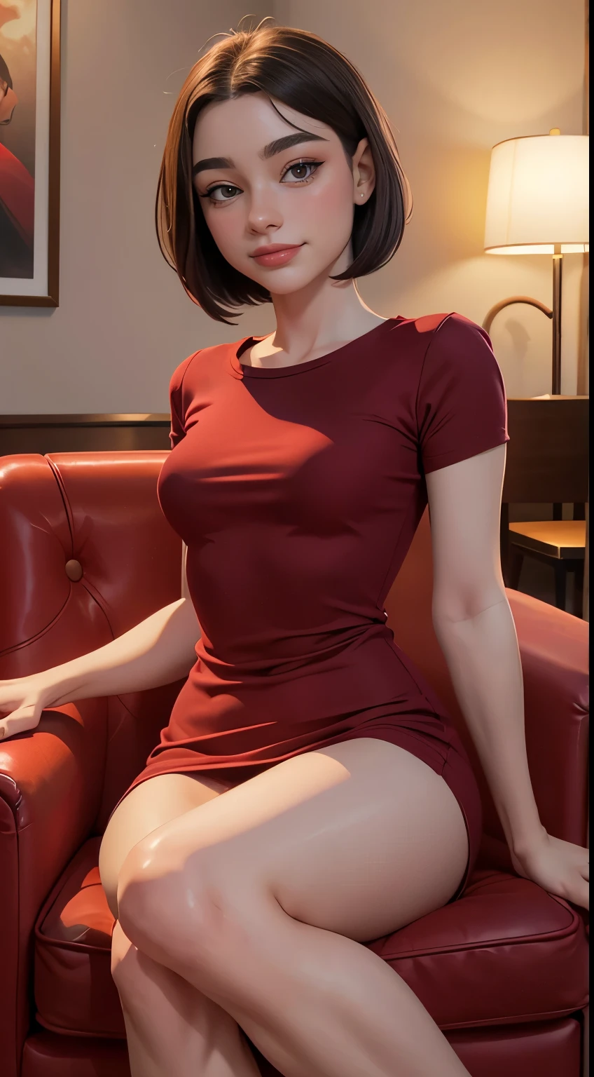 Foto hiperrealista en primer plano de Dasha Taran wear red t-shirt dress, siting on the armchair, beautiful legs, sexy pose, hotel hall, beautiful woman, skinny, medium breasts, black short hair (bob hair:1.2), detailed face, smile, facing the camera, photo taken from a distance, age of 18 years old