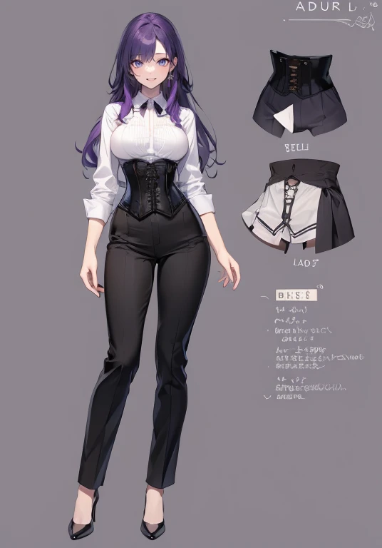 Purple hair,long hair,Adult female,(bartender),((Body Harness)),((Roll up your shirt sleeves)),(corset),(slacks),(High heels),((Simple Background)),smile,((whole body)),((full body)),Character Sheet,