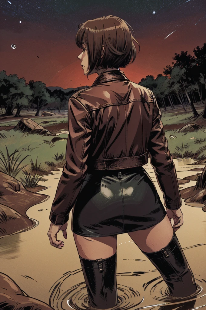 vector image, anime, mature bob-cut woman, gloomy orgasm, leather biker jacket and pencil skirt and stockings, drowning in the middle of quicksand bog, green,red,night sky, provocative photo session posing, turns back
